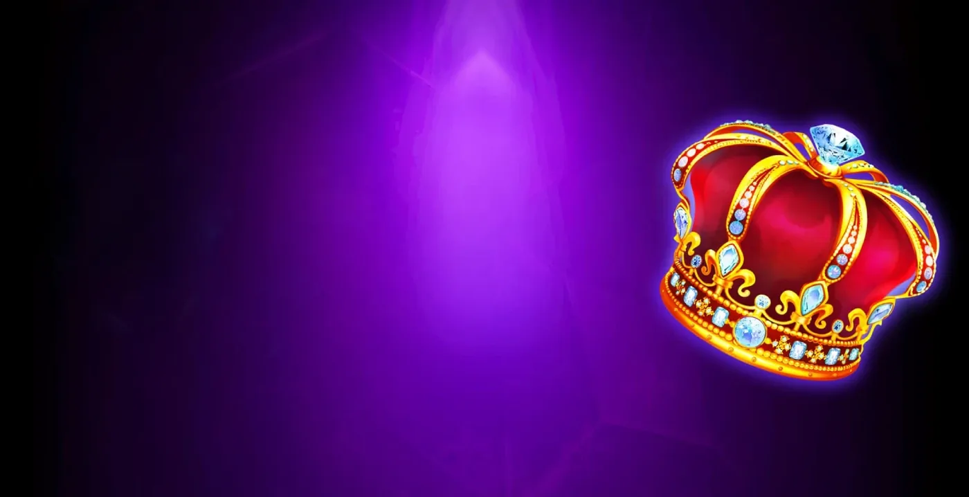 A red and gold royal crown encrusted with diamonds and gemstones, glowing on the right against a deep purple background with a violet light beam